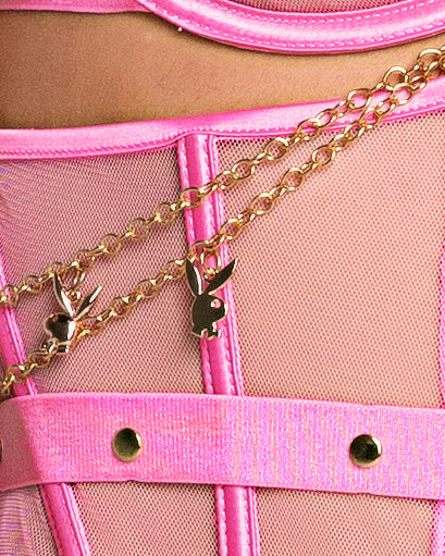 Roma Confidential Playboy Charm Chains Waspie Bra Set Pink/Gold