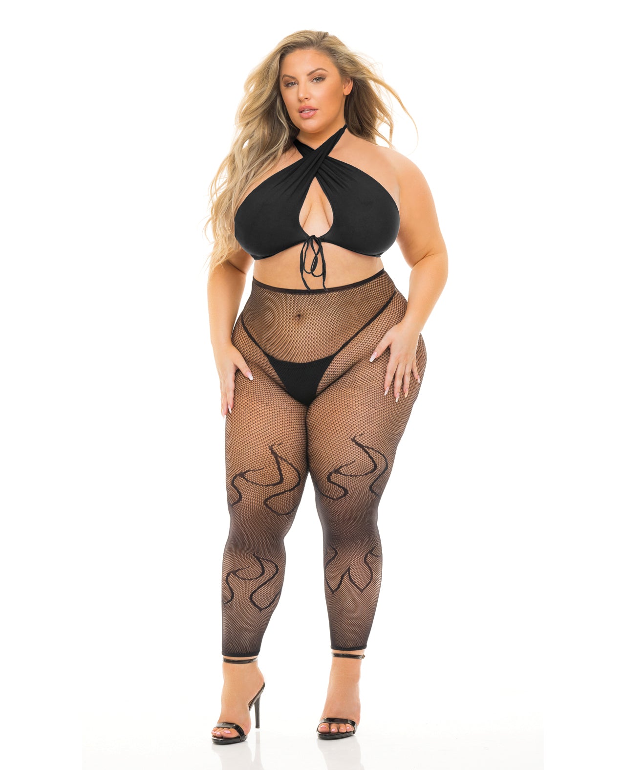 Pink Lipstick Plus Gives You Hell Halter Bra, Pantyhose & G-String Black