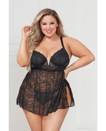 Seven 'til Midnight Plus Lace Babydoll Set Underwire Cups Black