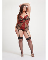 Seven ’til Midnight Queen Floral Embroidered Lace Gartered Chemise Black Red