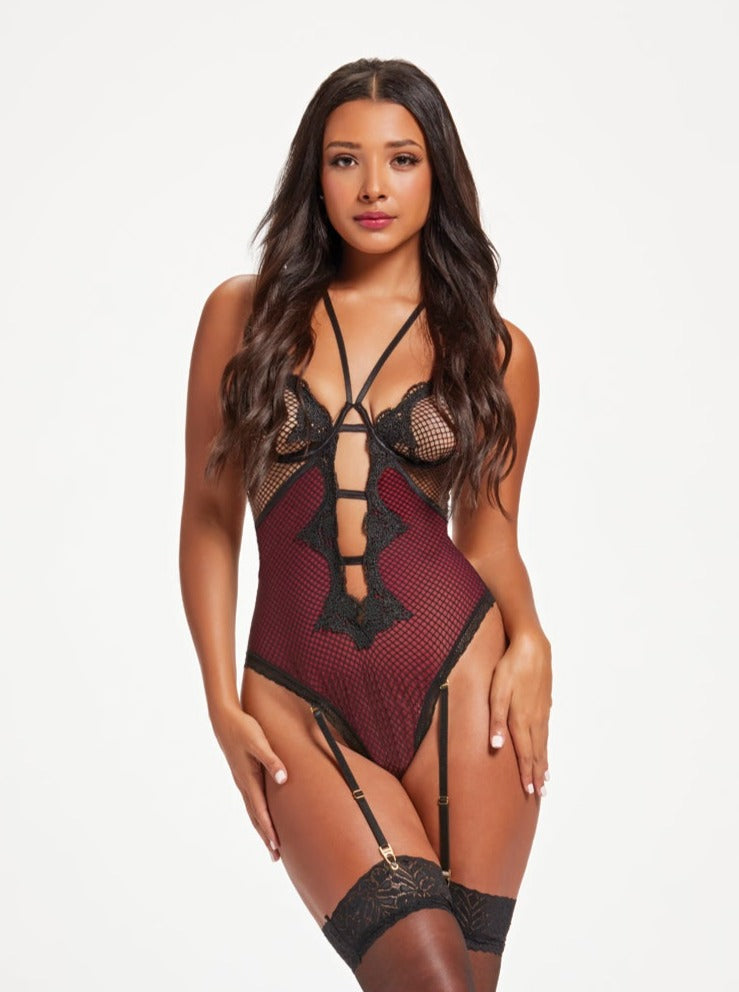 Seven 'til Midnight Fishnet & Stretch Lace Teddy Black/Wine