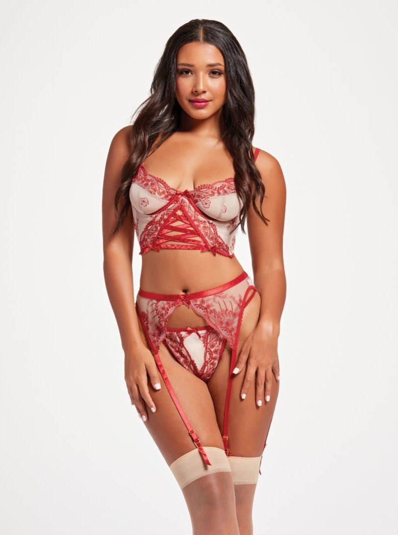 Seven 'til Midnight Floral Contrast Embroidery Bustier Bra Set Red