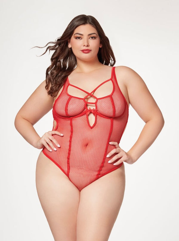 Seven ’til Midnight Queen Fishnet Strappy High Cut Leg Teddy Red