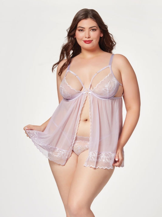 Seven 'til Midnight Plus Queen Sheer Mesh & Lace Demi Cup Babydoll Lavender