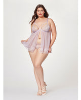 Seven ’til Midnight Queen Sheer Mesh & Lace Demi Cup Babydoll Lavender Purple