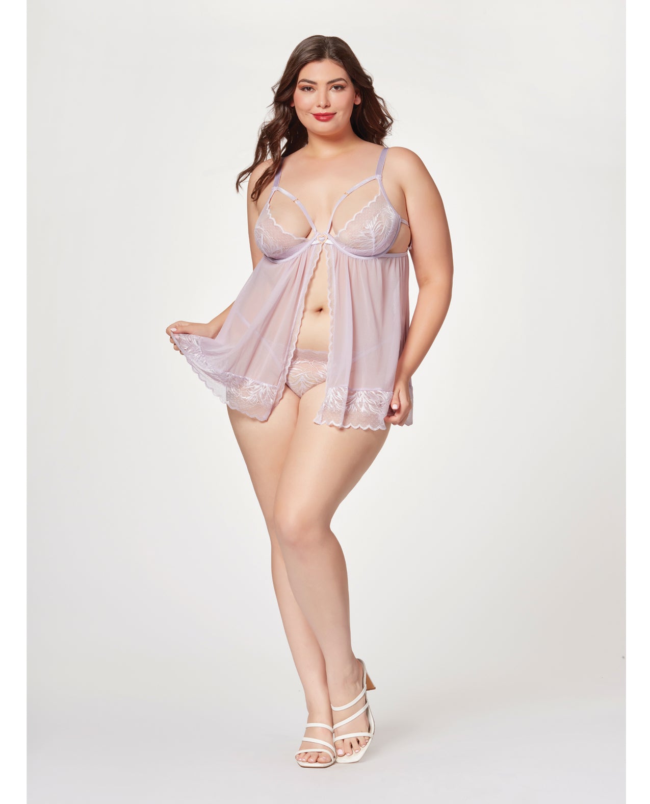 Seven 'til Midnight Plus Queen Sheer Mesh & Lace Demi Cup Babydoll Lavender