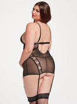 Seven ’til Midnight Queen Lace & Mesh Chemise w/Garters & Thong Black