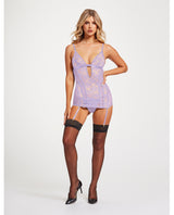 Seven ’til Midnight Lace & Mesh Chemise w/Garters & Thong Lavender