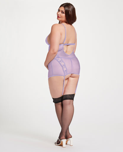 Seven 'til Midnight Plus Queen Lace & Mesh Chemise w/Garters & Thong Lavender