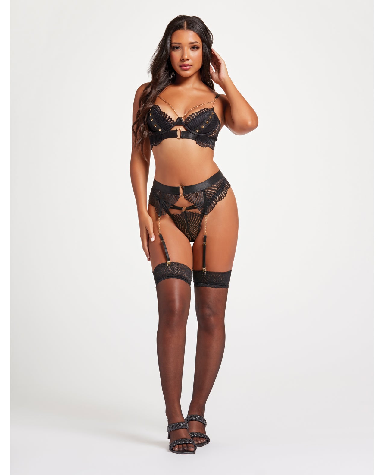 Seven 'til Midnight Scalloped Lace Bra w/Gold Chain, Garter Belt & Thong Black