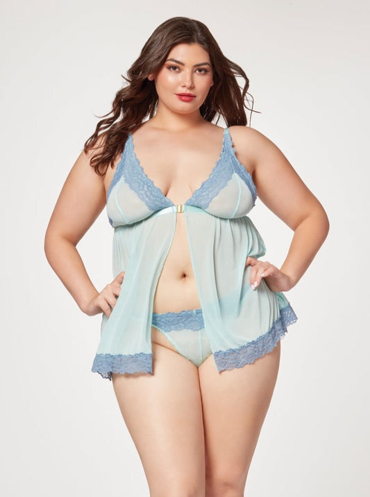 Seven 'til Midnight Plus Queen Lace & Mesh Triangle Cup Babydoll Blue