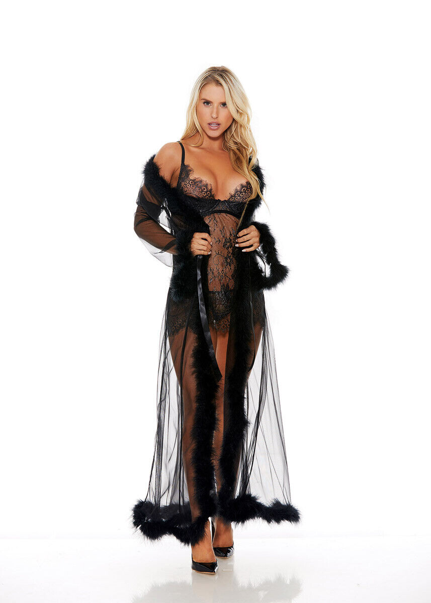 Shirley of Hollywood Sheer Nylon Marabou Trim Long Lavish Robe Black