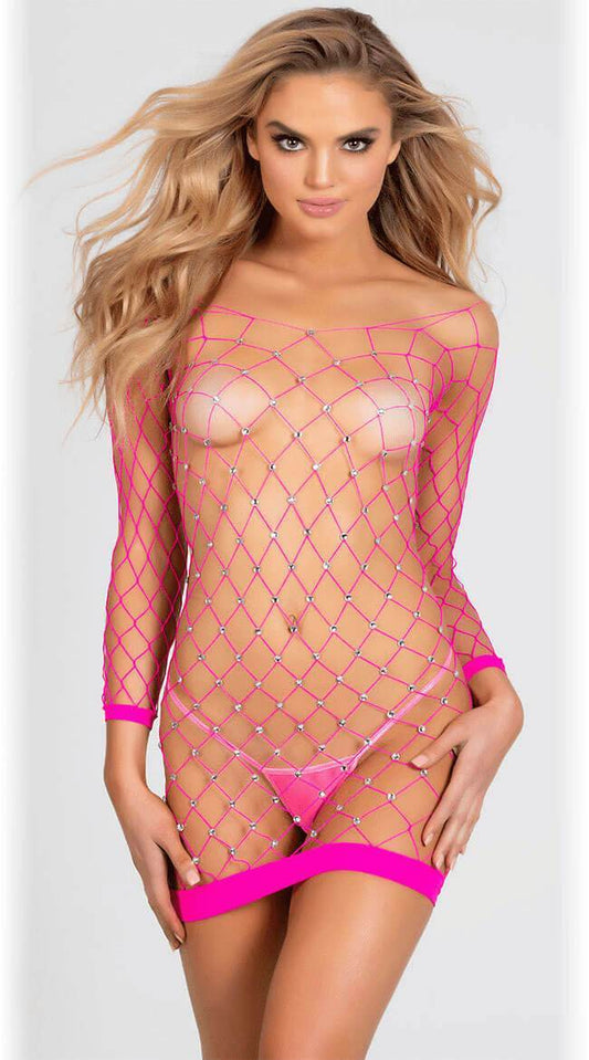 Shirley of Hollywood Sparkly Fishnet Long Sleeve Body Stocking Dress Pink